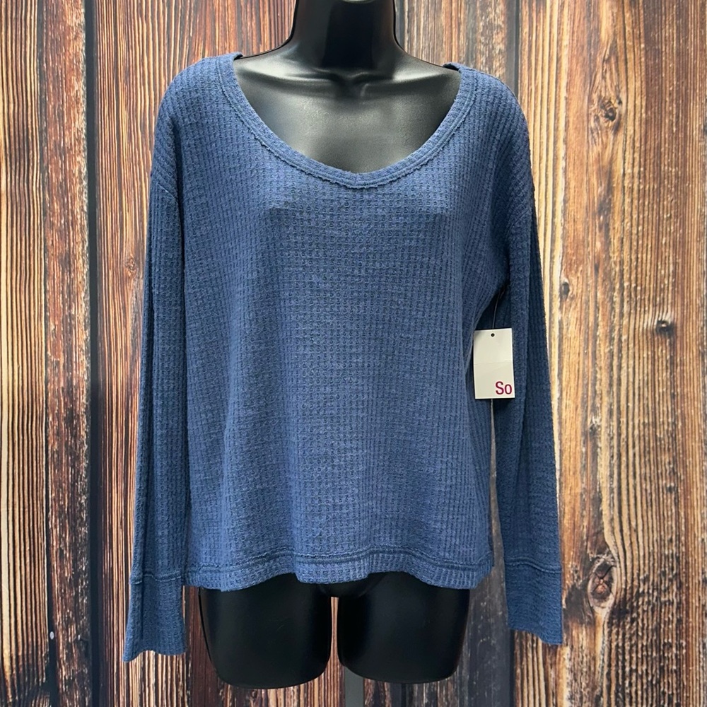 NWT SO Blue Long Sleeve‎ Waffle Knit Scoop Neck Top Size X-Small